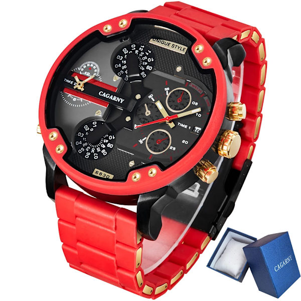 Watch Herr Lyxmärke Kända Dual Time Military Relogio Masculino 57mm 3D Stort case Quartz Herrklockor Röd Manklocka with box