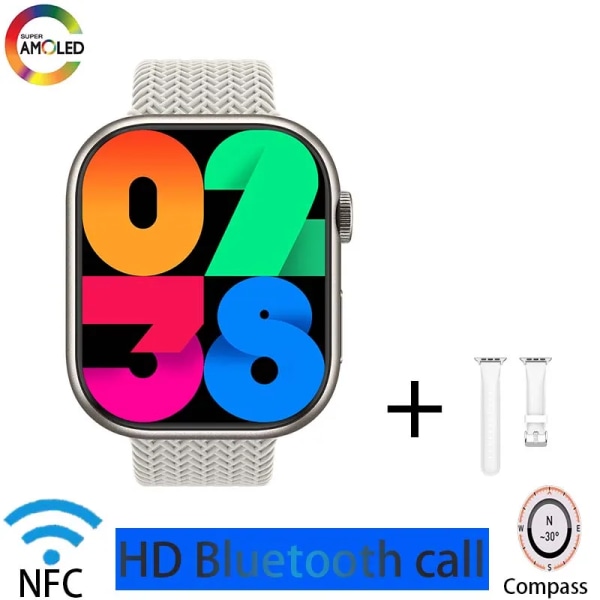 herrsmartklocka IP68 vattentät NFC Bluetooth samtal Smartwatch Series 9 AMOLED explosionssäker skärm för kvinnors smartklocka White B HK9 PRO