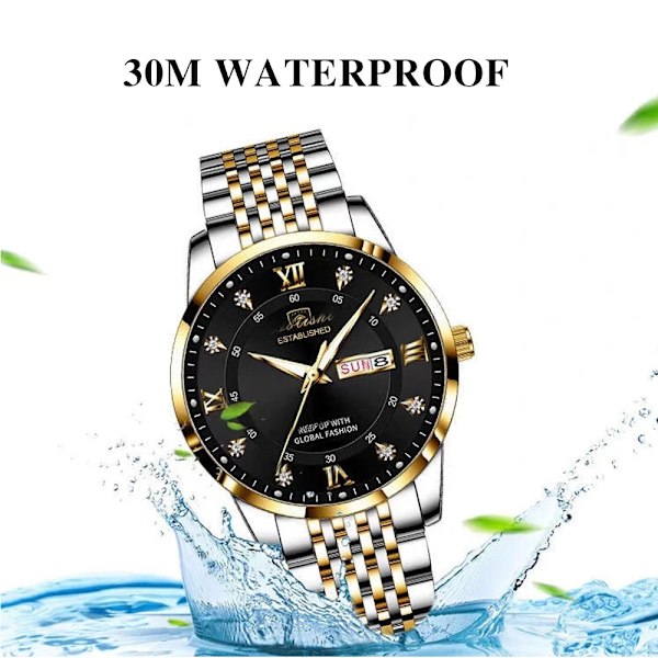 Män Watch Rostfritt stål Top Quailty Lyx Tryckknapp Dold Spänne Vattentät Lysande Date Week Sport Armbandsur Black