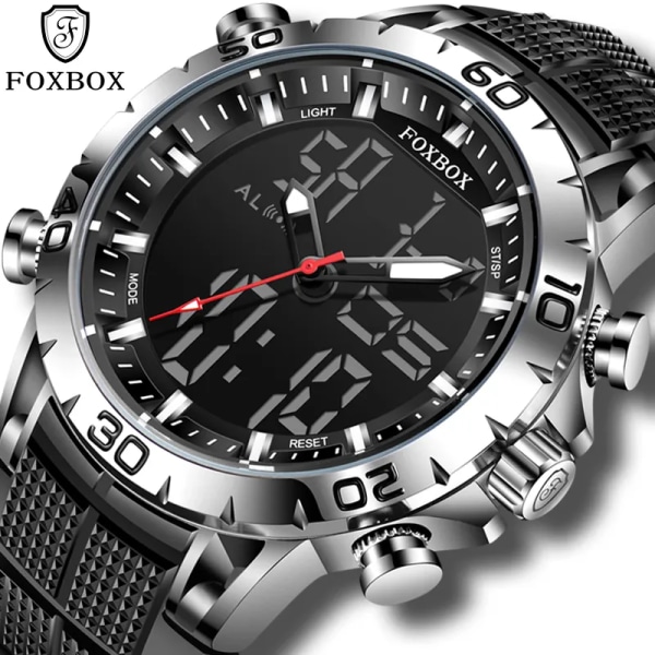 FOXBOX Sport Herrklockor Toppmärke Lyx Dual Display Quartz Watch For Herr Militär Vattentät Klocka Digital Elektronisk Watch Black 1