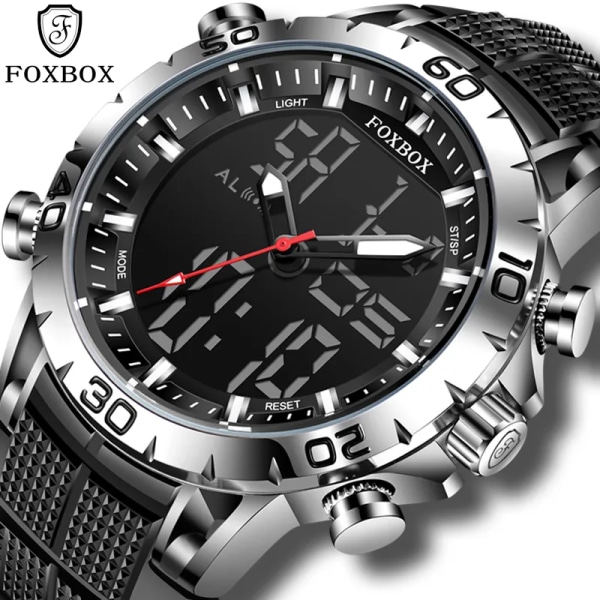FOXBOX Sport Herrklockor Toppmärke Lyx Dual Display Quartz Watch For Herr Militär Vattentät Klocka Digital Elektronisk Watch White