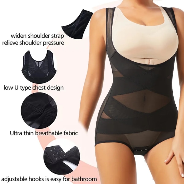 Kvinnor Bodysuit Trosor Helkroppsformare Underkläder Seamless Sexig Magkontroll Shapewear Mesh Bantning Platt Mage Underbyst Korsett Black 2XL 63-73kg