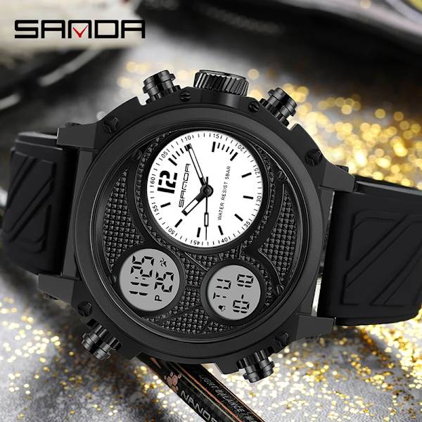 SANDA tretidsdisplay watch för män LED Sport Digitala klockor 50m Vattentät Elektronisk Armbandsur Väckarklocka Relogio Black