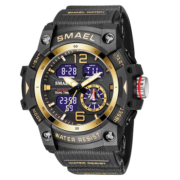 SMAEL Dual Time LED Display Watch för män Militär Sport Digitala klockor Dam Unisex Vattentät Auto Date Week Armbandsur 8007 Black gold