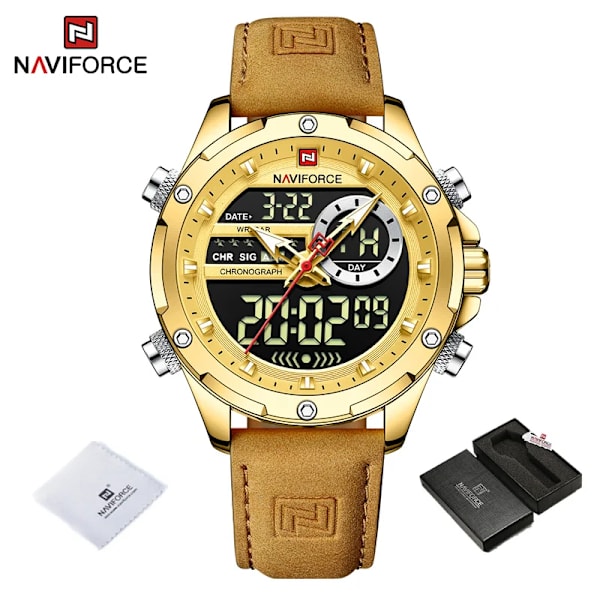 NAVIFORCE Lyxiga originalklockor för män Casual Sport Kronograf Alarm Quartz Armbandsur Läder Vattentät Digital Klocka 9163 GGLBN BOX