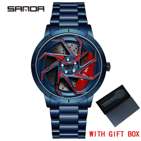 Mode Hot Sell Bilfälg Herr Klockor Rostfritt stål Vattentät watch 360 graders roterande hjul Fälgskiva Quartz Armbandsur leather blue red box(.198)
