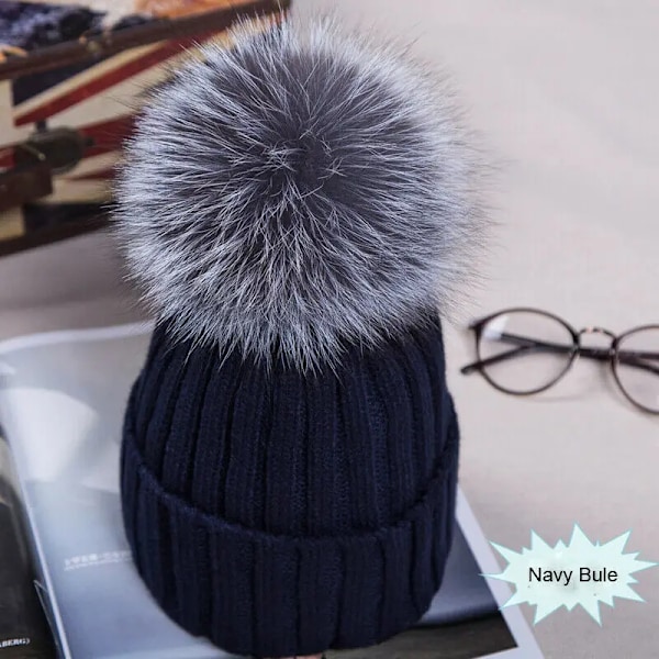 Ny Trendig Dammössa Varm Vinter Beanie Stor Faux Pom Pom Bobble Hat Stickad Skidmössa Svart Blå Vit Rosa Navy Blue