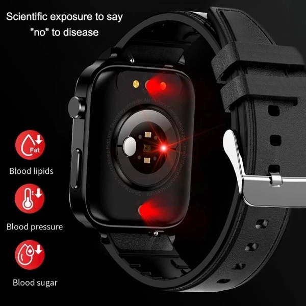 Smärtfri Icke-invasiv åtgärd Blodsocker Watch Män Laserbehandling Blodtryck Hälsa Kvinnor Glukometer Smartwatch Black Mesh Belt