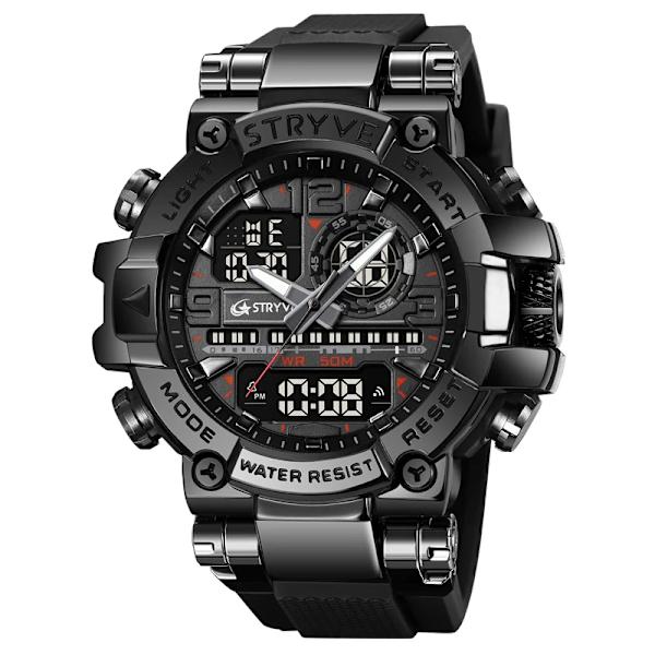 Ny STRYVE- watch för män Digital-Analog Dual Movement Lysande kalender Vattentäta klockor Mode Watch 8025 Black