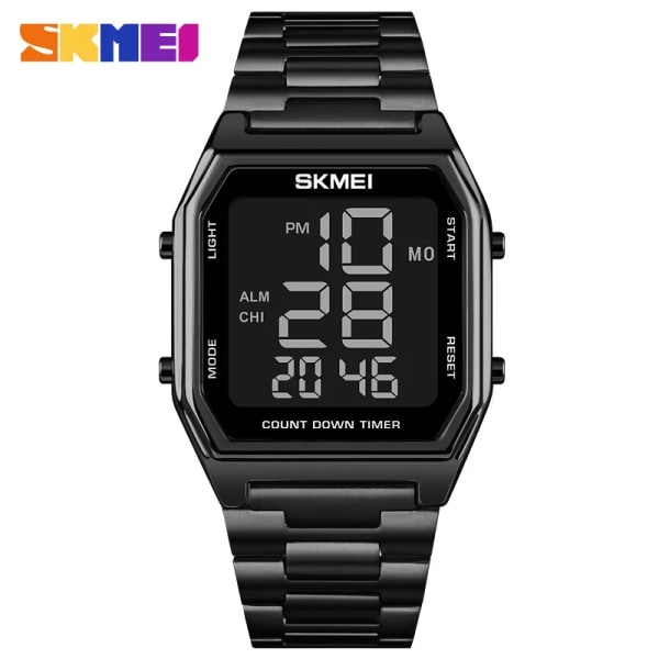 SKMEI 2 Time Men Digitala Sportklockor Märke Nedräkning Stoppur Mode LED Elektronisk Armbandsur Man Reloj Hombre all black