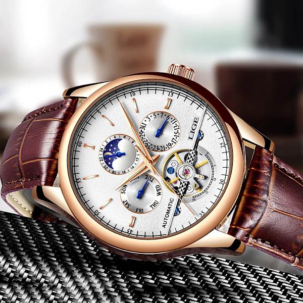 Relogio Masculin LIGE Nya Herrklockor Toppmärke Lyx Automatisk Mekanisk Watch Herr Läder Vattentät Watch Veckoklocka+låda Silver blue