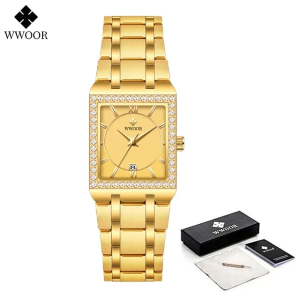 WWOOR Reloj Nytt mode watch diamantklocka Toppmärke lyx fyrkantig armbandsur Enkel watch Liten watch Relogio Feminino Gold gold(.338)