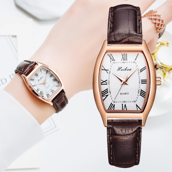 Casual Damklockor Armband Läderarmband Oval Quartz Watch Damklocka Watch Relogio Feminino Brun klocka 4505White