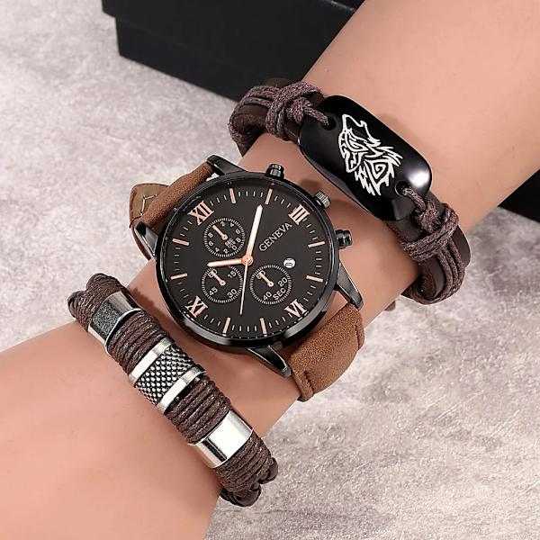 Mode Casual Quartz Watch för män Brunt läder Wolf Flätad watch Armband Gfit Set för män Pojkvän Regalos Para Hombre Watch-Bracelet 01