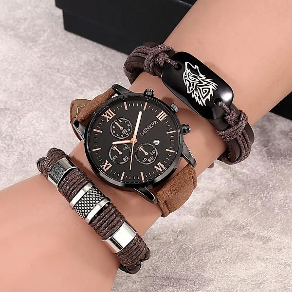 Mode Casual Quartz Watch för män Brunt läder Wolf Flätad watch Armband Gfit Set för män Pojkvän Regalos Para Hombre Watch-Bracelet 02