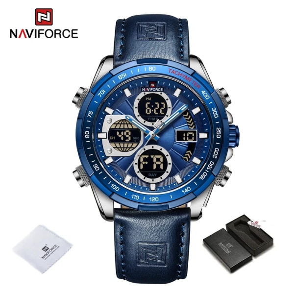 Nya original NAVIFORCE Business Luxury Läder Klockor Herr Sport 3ATM Vattentät LCD Display Watch För Man Quartz Armbandsur SBEBE-BOX