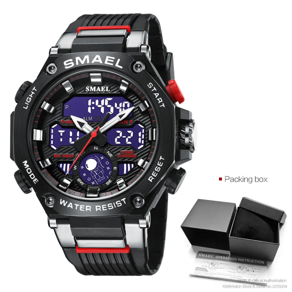 SMAEL Elektroniska Digitala klockor för män Mode Chronograph Quartz Armbandsur Auto Date Week Väckarklocka LED Dual Time 8069 Black-Box