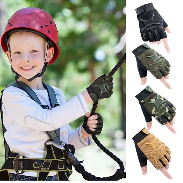 Taktiska handskar för barn Militär Pojkar Halvfinger Cykelhandskar Cykel Fingerlös Cykel Ridning Flicka Handske Sport Skateboard Green S  4-7 Years Old
