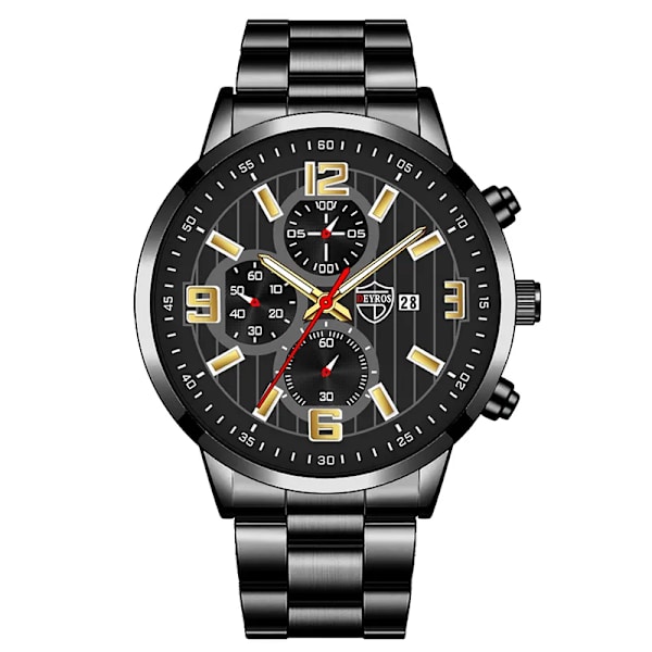 Herrmode Sportklockor för män Business rostfritt stål Quartz Armbandsur Kalender Man Casual Läder Luminous Clock Watch Steel Black Gold