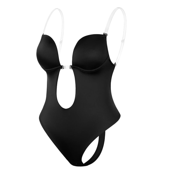 Rygglös Djup V-ringad U-doppning String Waist Trainer Klart band Vadderat Push Up Shapewear Invisible Shaper BH Sexig Bodysuit Korsett Black M