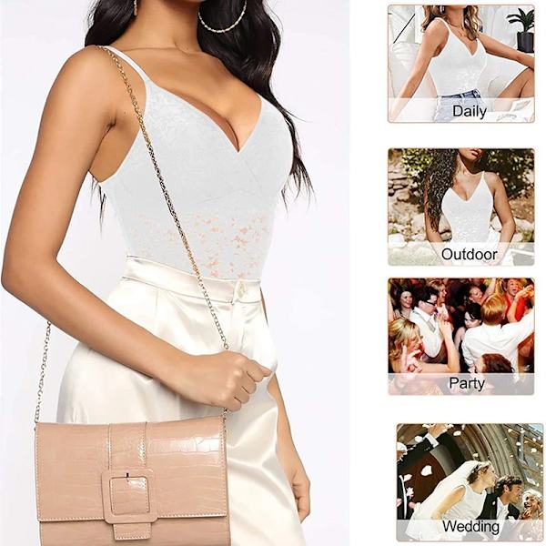 Bodysuit med spets för kvinnor Magkontroll Camisole Shapewear Ärmlös topp Fajas Colombianas V-ringad Backless Jumpsuit Full Body Shaper White M