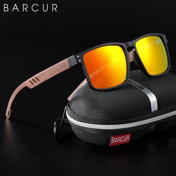 BARCUR Solglasögon för män Märkesdesigner Naturligt valnötsträ Solglasögon Dam Polariserade glasögon UV400 Eyewear Oculos Black Orange Wood BARCUR