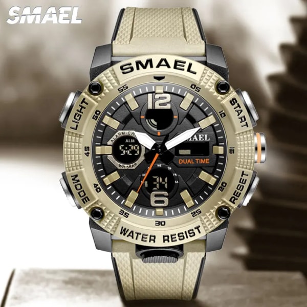 SMAEL Dual Time LED Display Digital watch för män Vattentät Simning Quartz Sportklockor Auto Date Alarm Clock Armbandsur 8039 Khaki