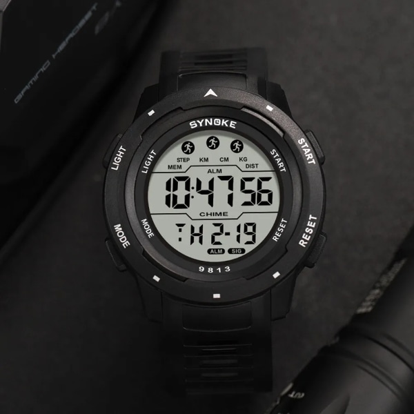 SYNOKE Herr Watch Sportklockor Timing Funktion Väckarklocka Vattentät 50M Watch Militärklocka Stor skärm black