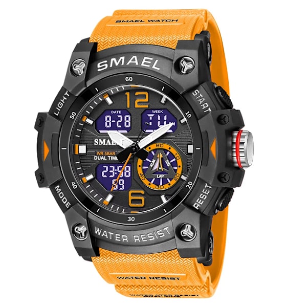 SMAEL Dual Time LED Display Watch för män Militär Sport Digitala klockor Dam Unisex Vattentät Auto Date Week Armbandsur 8007 Orange