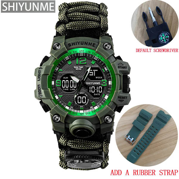 Utomhus Survival Military Watch Vattentät Multifunktionell Survival Kit Militär Taktisk Paracord Watch Compass Watch Green with strap