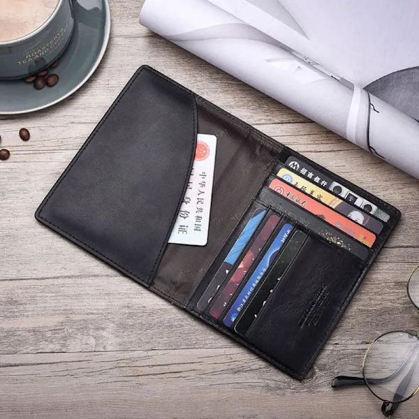 THINKTHENDO Retro Äkta Läder Kohud Resepass ID- cover Hållare Case Skydd Organizer Plånbok Svart Färg BK1