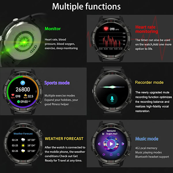 Ny 4G Memory Smart Watch AMOLED 454*454 HD Visa alltid tiden Bluetooth Ring Smartwatch For Herr Huawei TWS hörlurar Dark grey Mesh Belt 4GB Memory