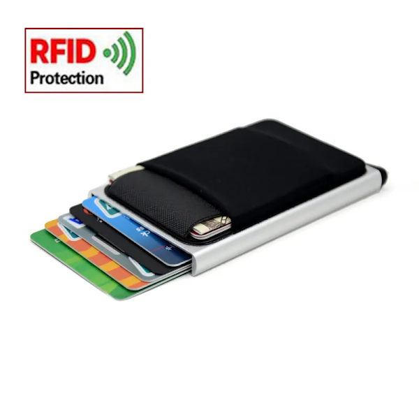 Smal kortplånbok i aluminium med elasticitet på baksidan ID Kreditkortshållare Mini RFID-plånbok Automatisk pop up case Deep Blue