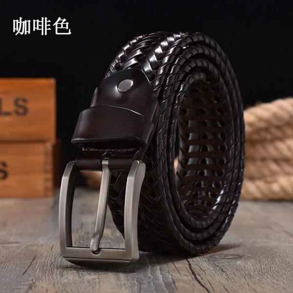 Flätat läderbälte för mäns bälten 4,0 cm bredd Lyxiga äkta läder ko-remmar Handstickat designerband läderbälte män Dark Brown 105CM