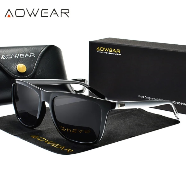 AOWEAR HD Night Vision Glasögon Herr Aluminium Gul Lens Solglasögon Herr Polariserade Night Safe Driving Goggles Oculos Gafas De Sol Silver Black Lens