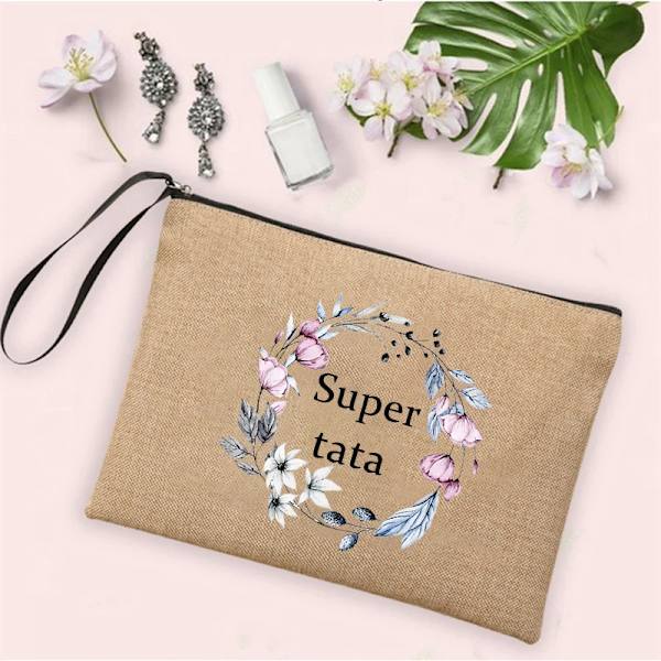 Bästa presenterna till Tata Super Tata Print Linne Blixtlåspåse Rese-toalettsaker Organizer Kosmetisk väska Kvinnor Neceser Makeup-väskor Q08090-A012BR-S