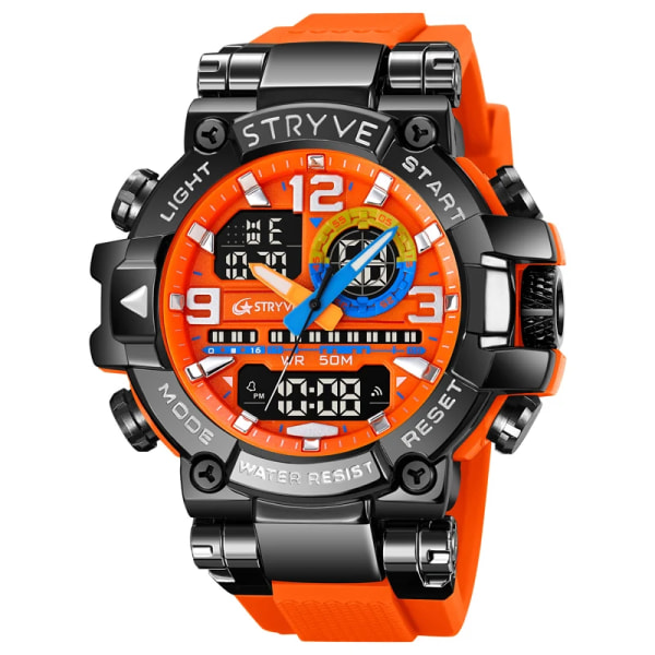 Ny STRYVE- watch för män Digital-Analog Dual Movement Lysande kalender Vattentäta klockor Mode Watch 8025 Black Orange