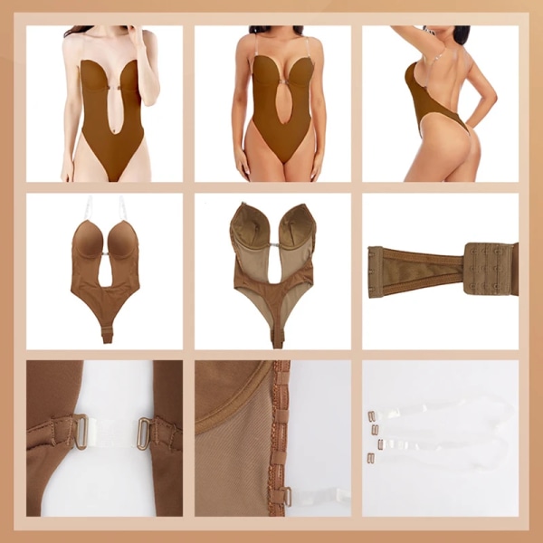 Body Shapewear Deep V Full Body Shaper Backless String Klänning Sömlösa underkläder Vadderad BH Push Up Korsett Waist trainer charming brown XXXL (42)