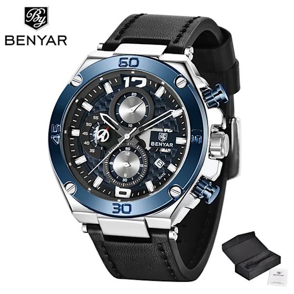 BENYAR 2023 Nya quartz herrklockor Multifunktions watch herr topp lyxmärke watch Relogio Masculino Silver blue