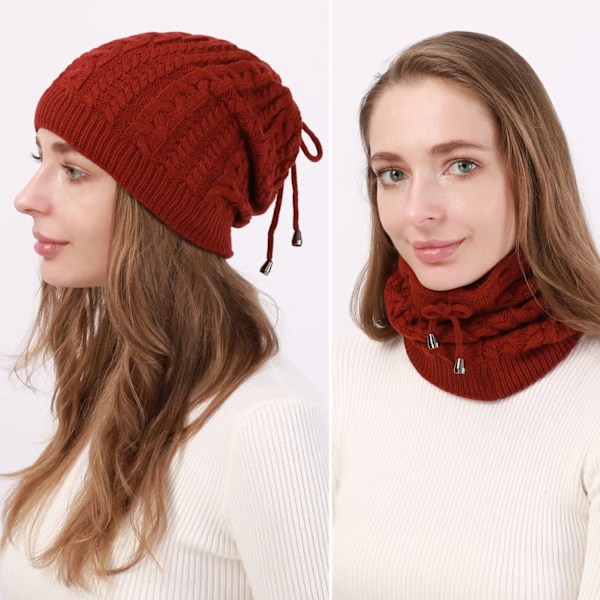 Mode Stretchig Stickad Skullies Beanies Hatt Solid Snood Halsduk Varm Beanie För Kvinnor Höst Vinter Kvinnlig Beanie Mössa New Red One Size