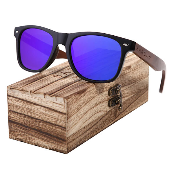 BARCUR Black Walnut Solglasögon Trä Polariserade Solglasögon Herr Glasögon Herr UV400 Skyddsglasögon Original Träkartong Dark Blue Wood box BARCUR Polarized
