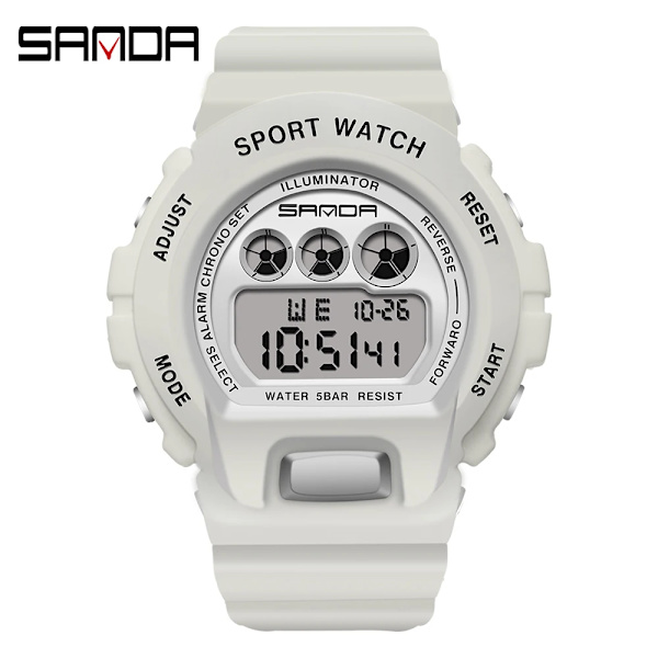 SANDA Mode Enkel Watch Herr Militärklockor Väckarklocka Ms Resistant Vattentät Digital Watch reloj hombre White