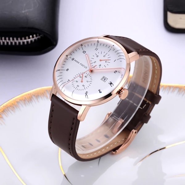 MINI FOCUS Mode Herrklockor Toppmärke Lyx Quartz Watch Date Window Armbandsur Brun Äkta läderrem reloj hombre BN RG WHITE