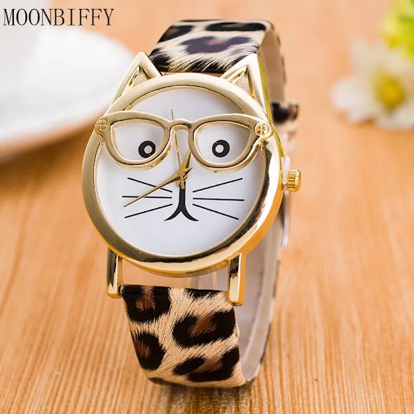Dam Geneva Watch Läderarmband Analog Quartz Armbandsur Leopard Cat Face Glasögon Barnklocka Damklocka Watch Feminino Leopard