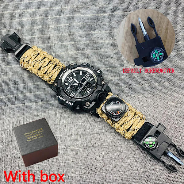 Utomhus Survival Watch Multifunktionell Vattentät Militär Taktisk Paracord Watch Armband Camping Vandring Nödutrustning gold with box
