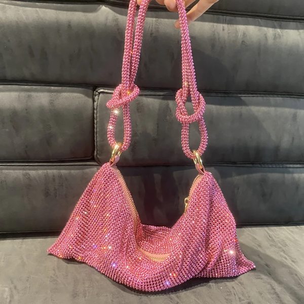 Mode Rhinestones Evening Clutch-väska för kvinnor Glänsande middagsfest Bröllopsväska Handväska Designer Kvinnlig underarmsaxelväska Pink 34X16CM
