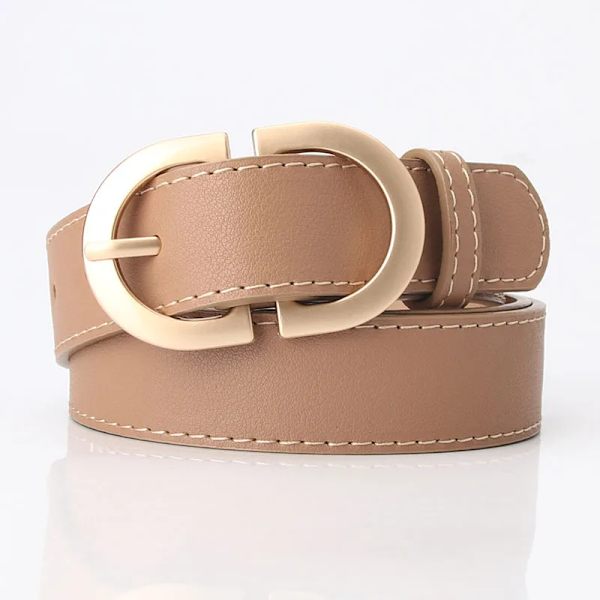 Mode Läderbälten för kvinnor Enkel Mental Pin Spänne Flickor Tunt Bälte Denim Jeans Klänning Kjol Lyxmärke Retro midjeband Khaki-2.8cm 105CM