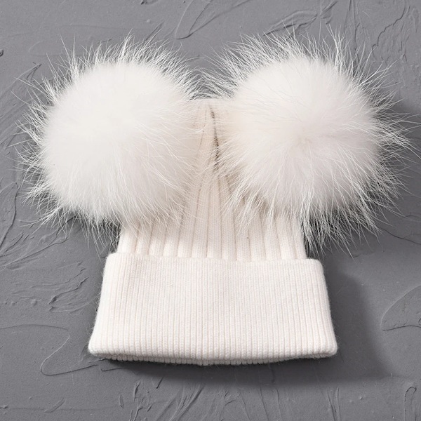 Dubbel Pompom-mössa för kvinnor, vintermössor, stickade mössor, mössor, beanies, flickor, två pompom-mössa White match fur