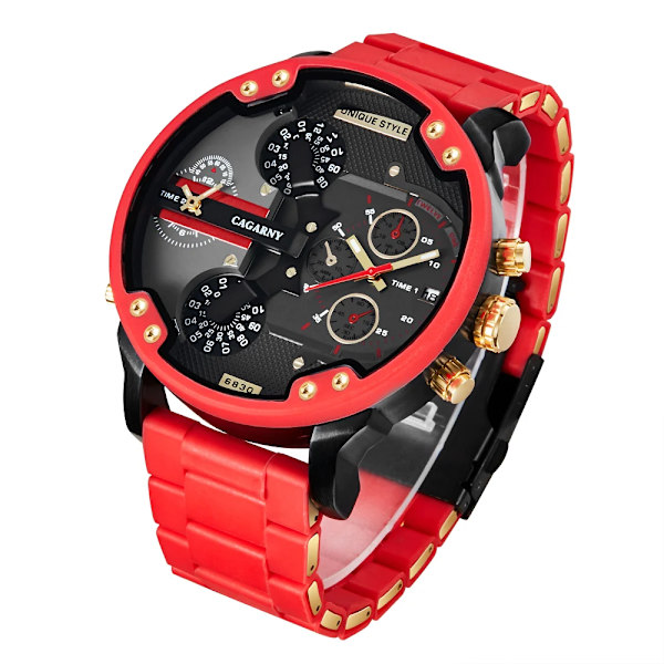 Watch Herr Lyxmärke Kända Dual Time Military Relogio Masculino 57mm 3D Stort case Quartz Herrklockor Röd Manklocka Gold