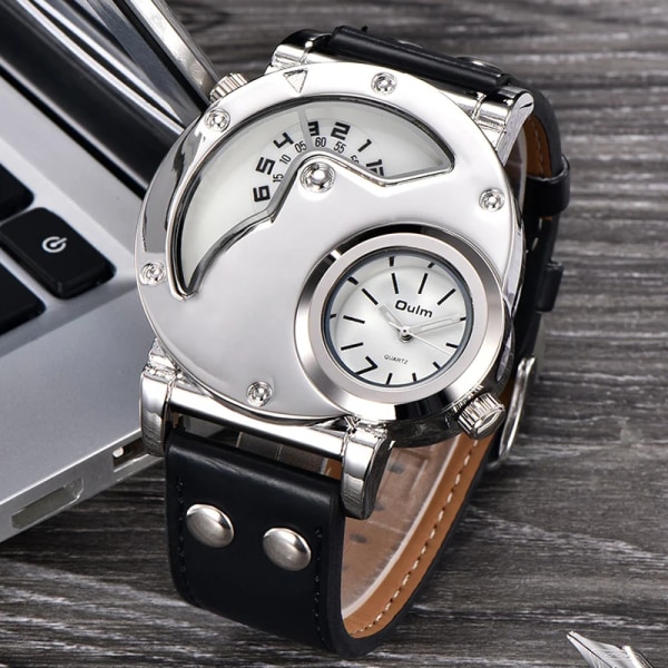 Oulm Klockor Unik Design Flera tidszoner Läderrem Man Quart Armbandsur Oulm 9591 Mode Herr Klockor reloj hombre Silver